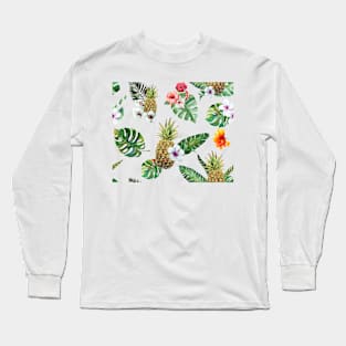 Tropical Leaves Pineapple Luau Print Long Sleeve T-Shirt